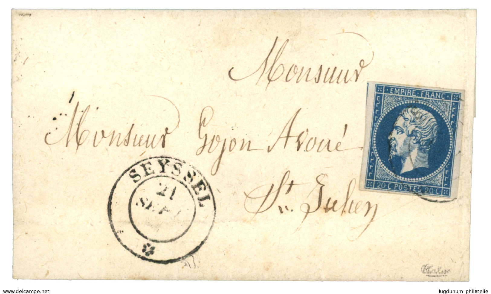 SAVOIE : 1860 FRANCE 20c (n°14) TB Margé Obl. Cachet Sarde SEYSSEL Sur Lettre Pour ST JULIEN. TTB. - 1849-1876: Période Classique