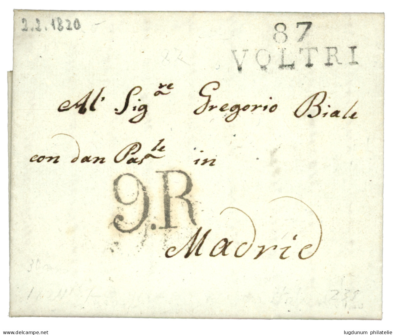 1820 87 VOLTRI + Taxe Espagnol .R  Sur Lettre Avec Texte Daté CELLE Pour MADRID (ESPAGNE). TTB. - 1792-1815: Conquered Departments