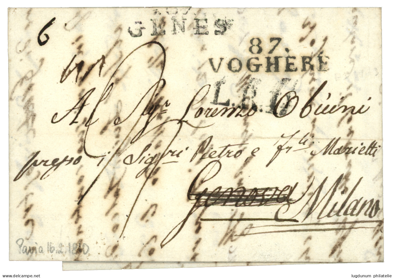 1810 87 VOGHERA + 87 GENES Sur Lettre Avec Texte Daté "PAVIA" Pour GENOVA Redirigée à MILAN. TB. - 1792-1815: Conquered Departments