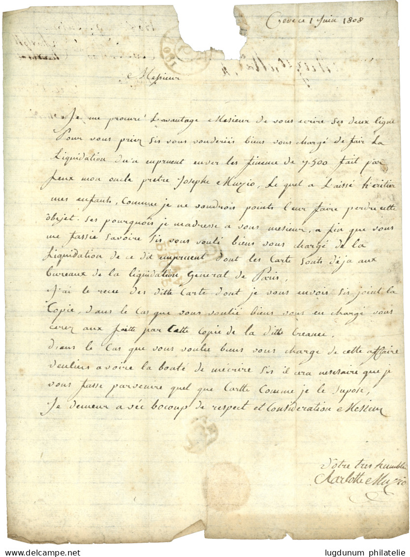 1808 P.108.P CEVA En Rouge Sur Lettre Avec Texte Pour PARIS. TTB. - 1792-1815: Conquered Departments