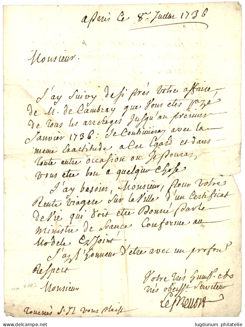 COURRIER FRANCAIS De ROME : 1736 "FRANC ROME " Manuscrit + Cachet De PORT PAYE De PARIS Sur Lettre Avec Texte De PARIS P - Marques D'entrées