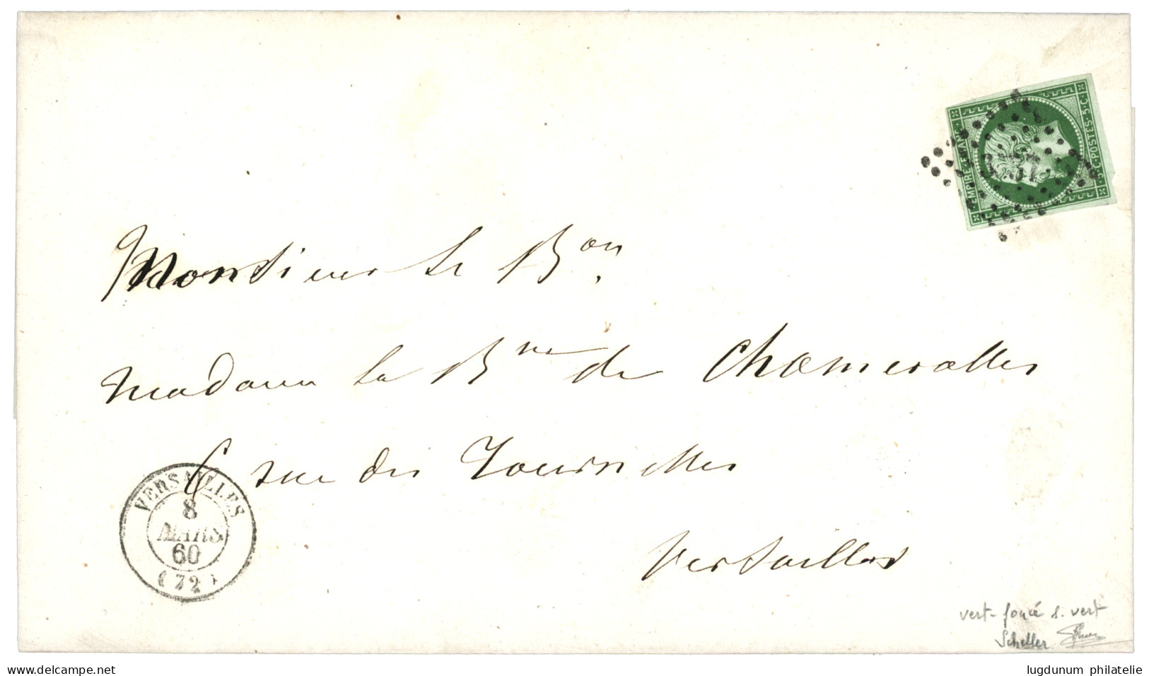 "VERT FONCE SUR VERT" : 1860 5c Empire Vert Fonçé Sur Vert (n°12c) TB Margé Obl. PC + T.15 VERSAILLES Sur Lettre Locale. - 1853-1860 Napoléon III.