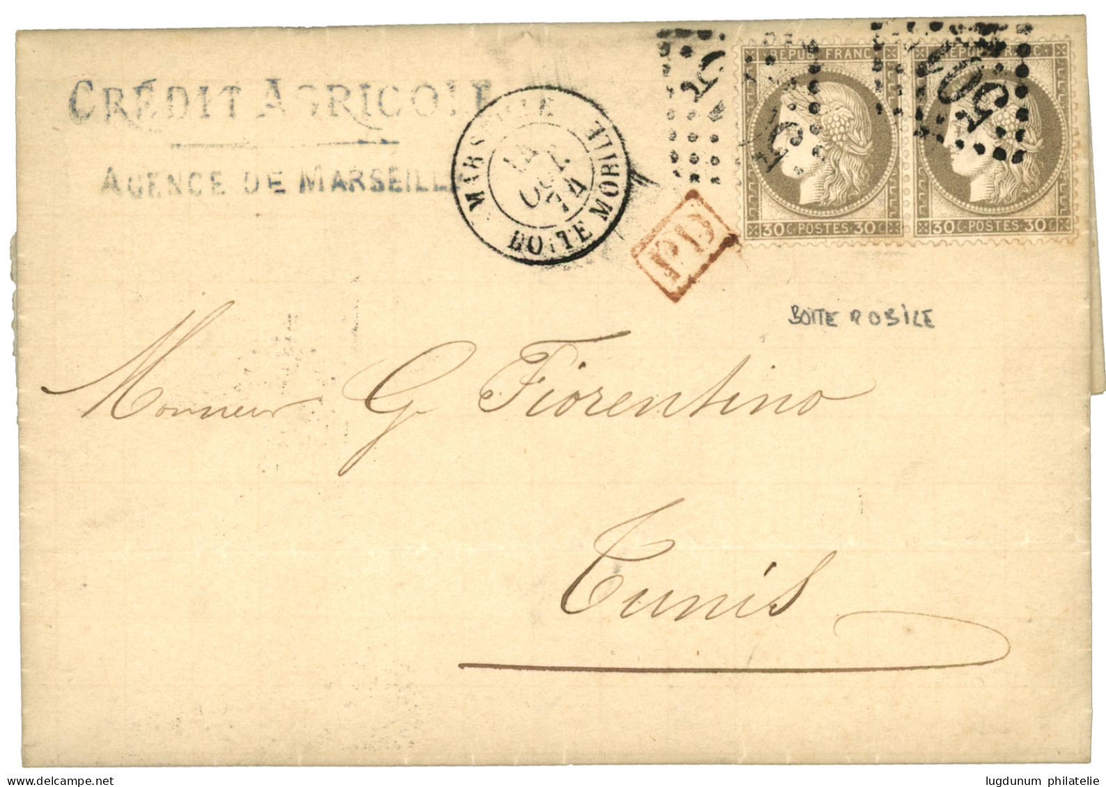 1874 Paire 30c CERES Obl. GC 5015 + MARSEILLE BOITE MOBILE Sur Lettre Pour TUNIS (TUNISIE). B/TB. - 1871-1875 Cérès