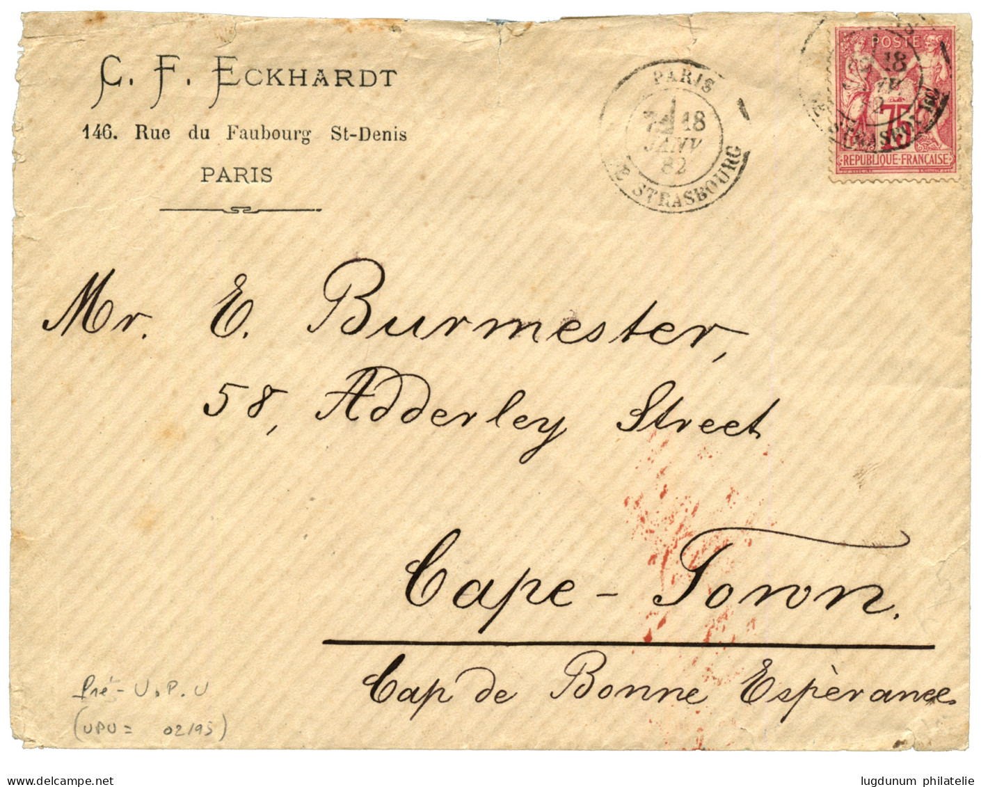 Tarif PRE-U.P.U Pour Le CAPE DE BONNE ESPERANCE : 1882 75c SAGE Obl. PARIS Sur Enveloppe Pour CAPE-TOWN (CAP DE BONNE ES - 1876-1898 Sage (Type II)