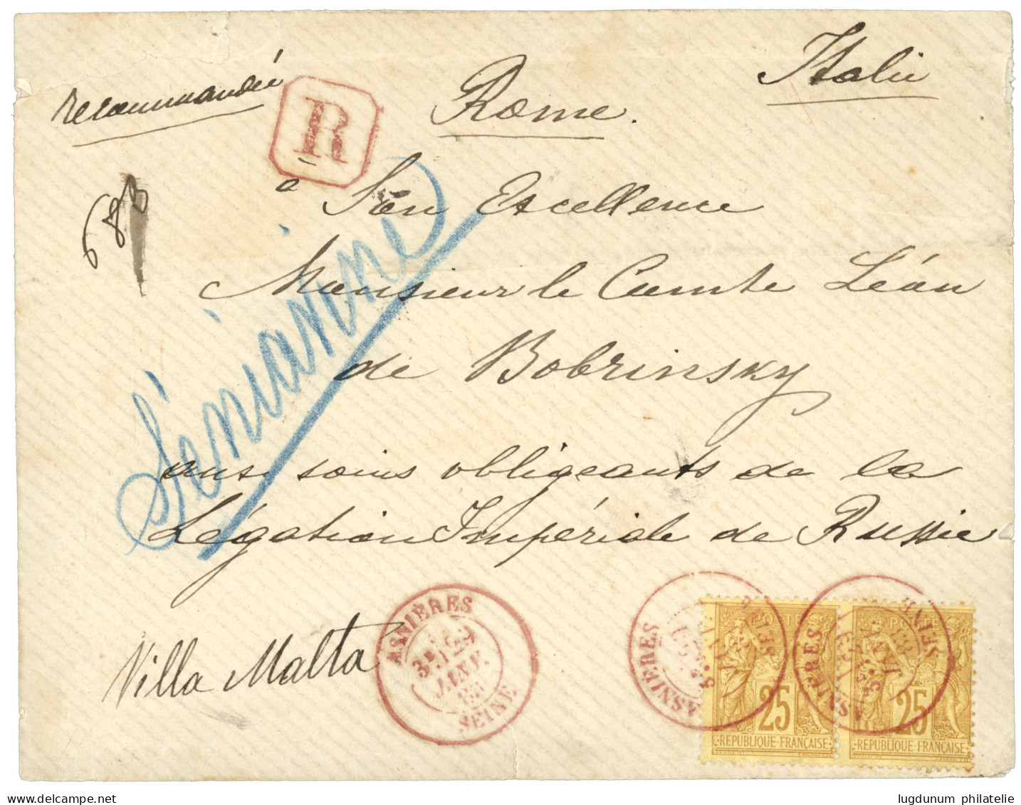 1883 Paire 25c (n°92) Obl. Cachet Rouge ASNIERES SEINE Sur Enveloppe RECOMMANDEE Pour L' ITALIE. RARE. Superbe. - 1876-1898 Sage (Type II)