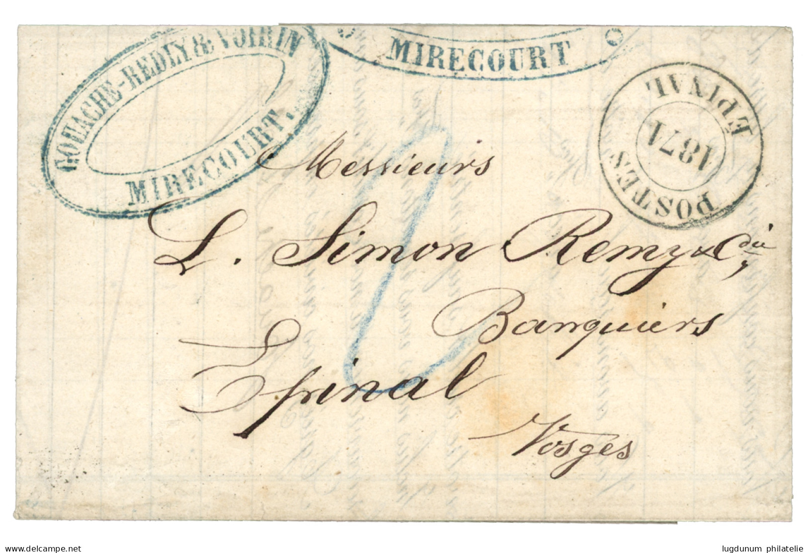 ALSACE LORRAINE : 1871 Cachet Provisoire MIRECOURT Bleu + Cachet Provisoire POSTES EPINAL + Taxe 2 Sur Lettre. Superbe. - Andere & Zonder Classificatie