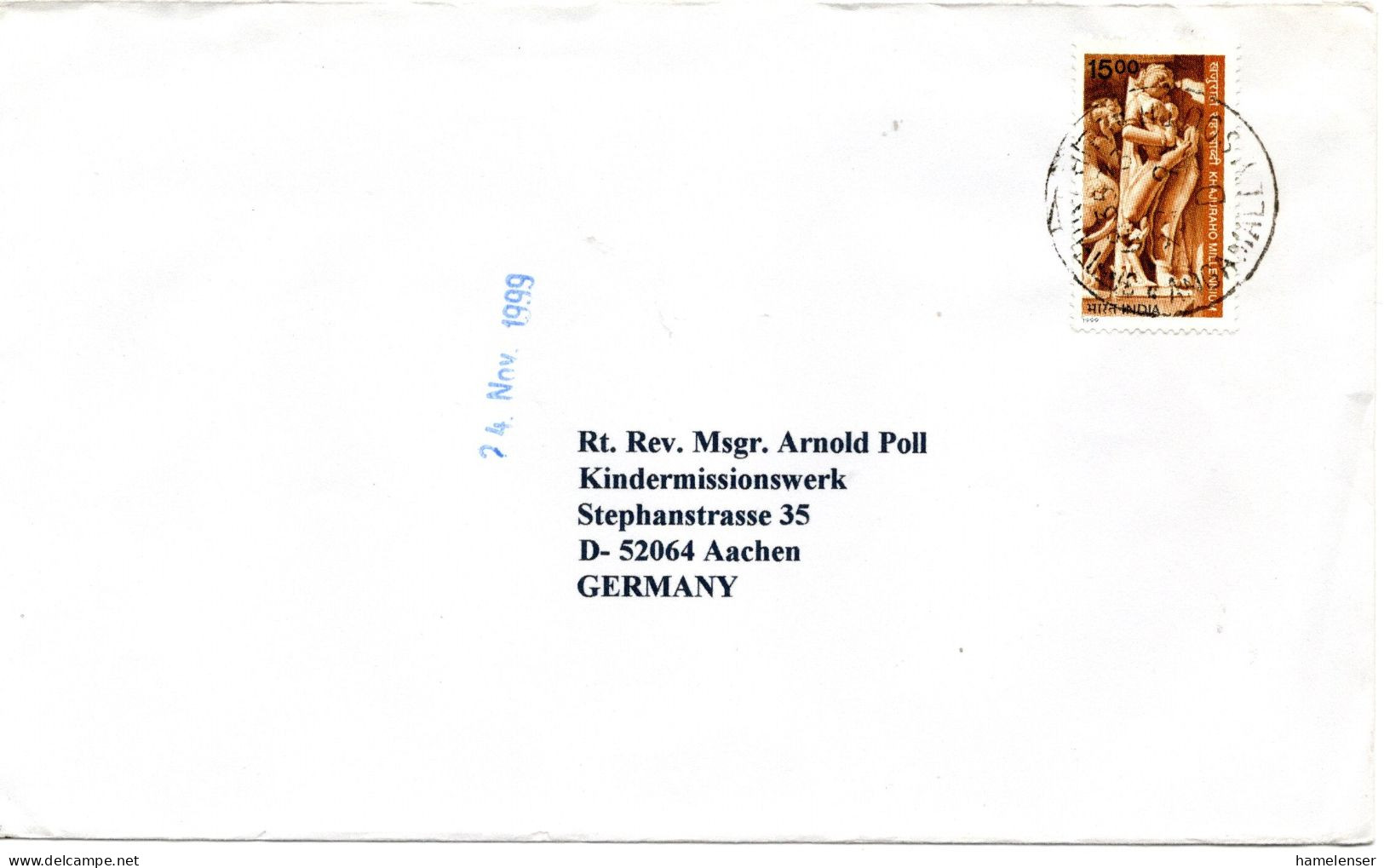 74867- Indien - 1999 - 15Rp Khajuraho EF A Bf ANGAMALY SOUTH -> Deutschland - Covers & Documents