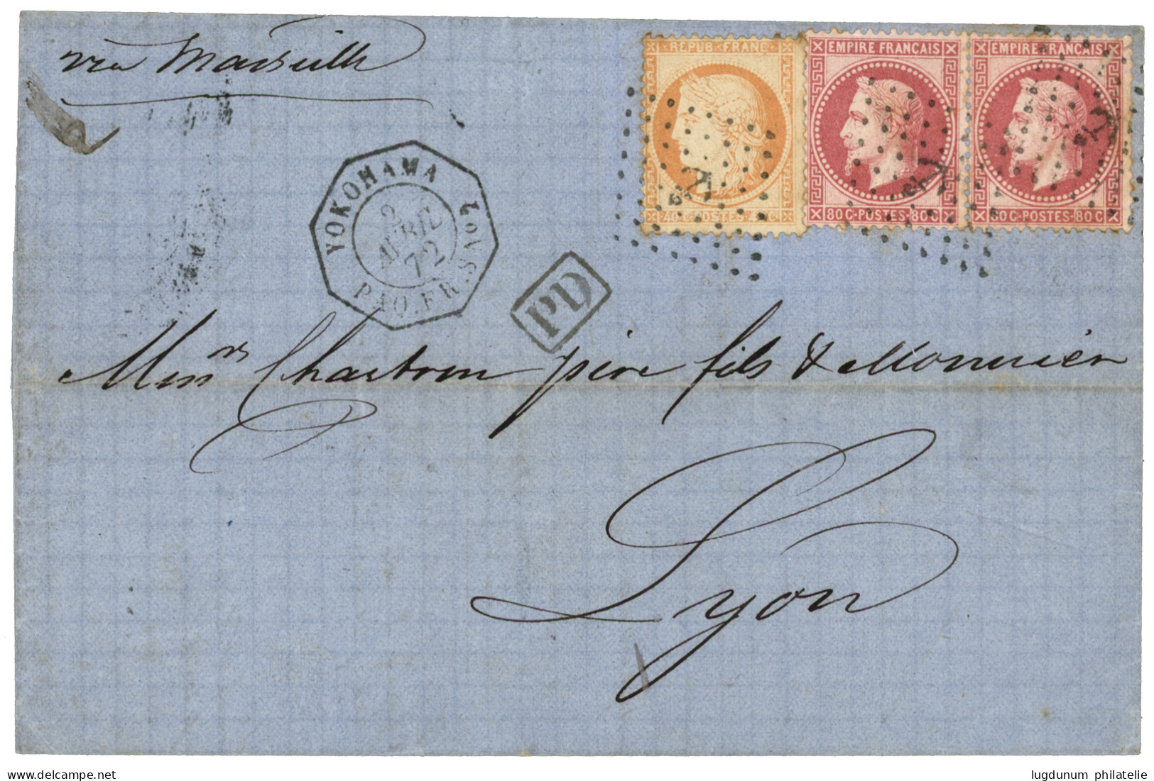 1872 40c SIEGE (n°38) + Paire 80c (n°32) Obl. ANCRE + YOKOHAMA PAQ. FR. S N°2 Sur Lettre De YOKOHAMA Pour La FRANCE. Tré - 1849-1876: Klassik