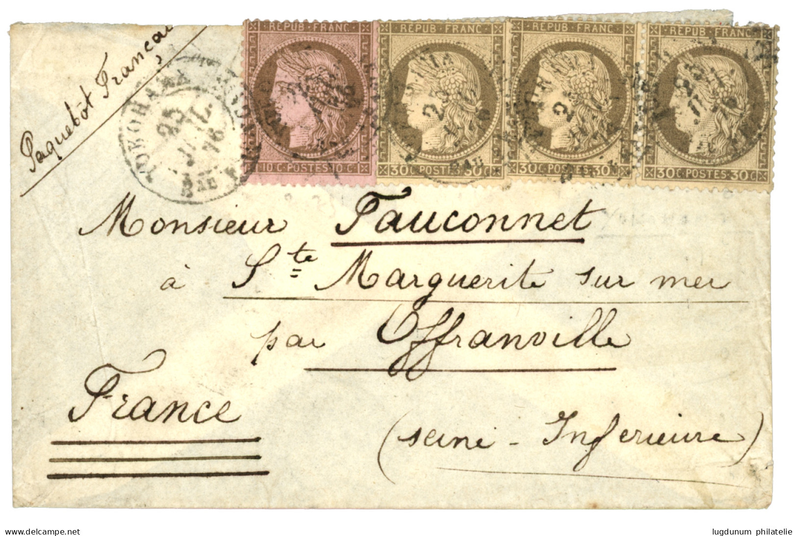 1876 CERES 10c + 30c (x3) Obl. YOKOHAMA Bau FRANCAIS Sur Enveloppe Pour La FRANCE. Rare. TB. - 1849-1876: Période Classique