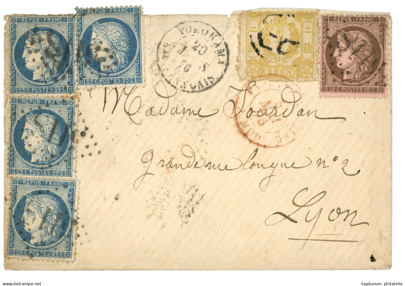 1876 CERES 25c (x4) + 10c Obl. GC 5118 + JAPON 2 Sen Jaune Obl. Sur Enveloppe Avec Texte Complet Daté "TOKIO" + Photo Po - 1849-1876: Klassik