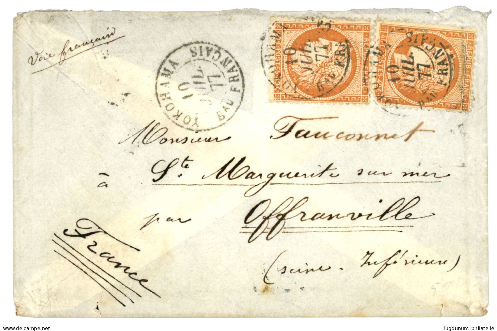 1877 40c SIEGE (n°38)x2 Pd  Obl. YOKOHAMA Bau FRANCAIS Sur Enveloppe Pour La FRANCE. Rare Affrt à 80c. TB. - 1849-1876: Periodo Clásico