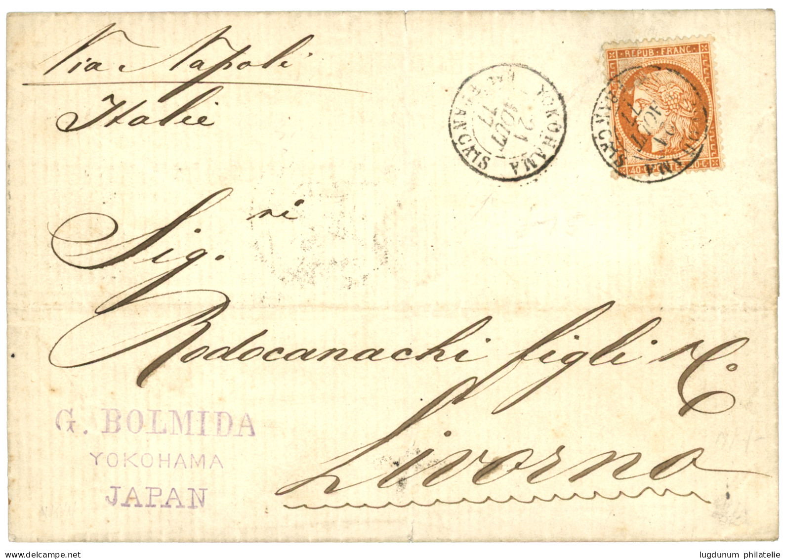 Tarif U.P.U à 40c : 1877 40c (n°38) Obl. YOKOHAMA Bau FRANCAIS Sur Lettre Pour LIVORNO (ITALIE). TTB. - 1849-1876: Klassik