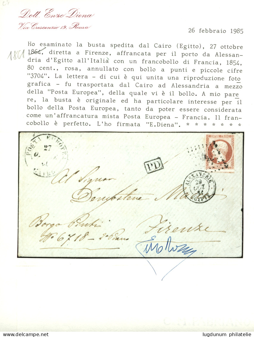 ALEXANDRIE : 1861 80c (n°17) TB Margé Obl. PC + ALEXANDRIE EGYPTE + POSTA EUROPEA CAIRO Sur Lettre Pour FIRENZE (ITALIE) - 1849-1876: Classic Period