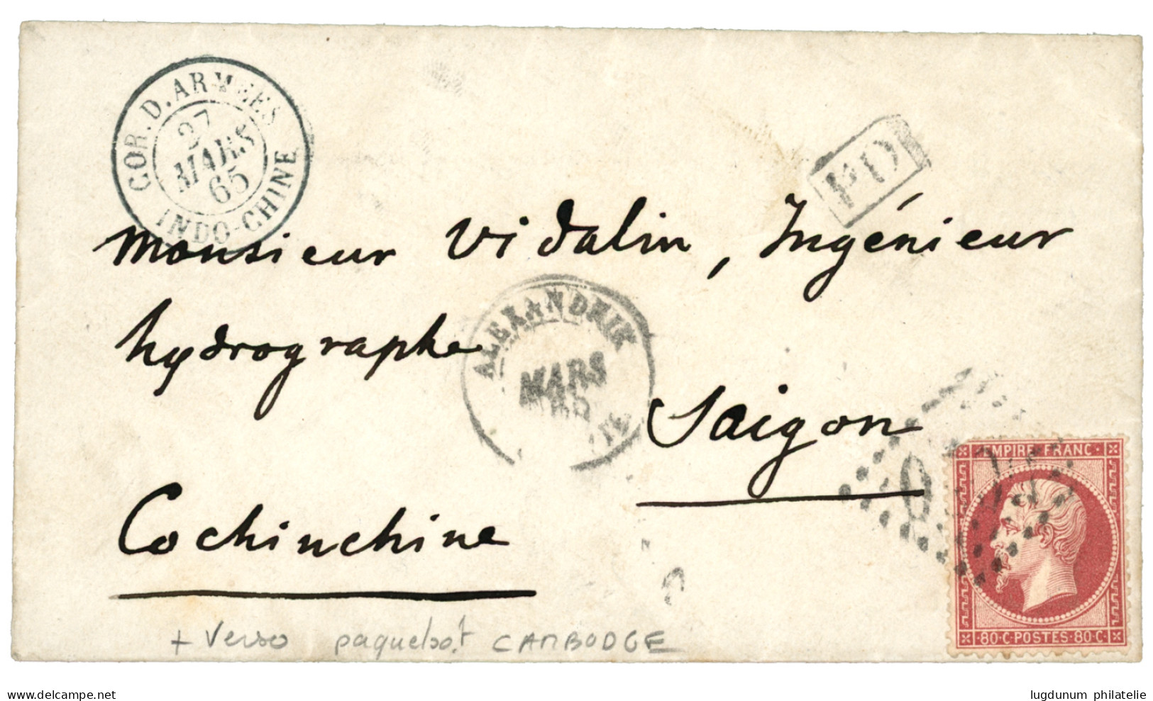 ALEXANDRIE Pour L' INDOCHINE Via Le Paquebot CAMBODGE : 1865 80c (n°24) Pd Obl. GC 5080 + ALEXANDRIE EGYPTE + CORR. D'AR - 1849-1876: Période Classique