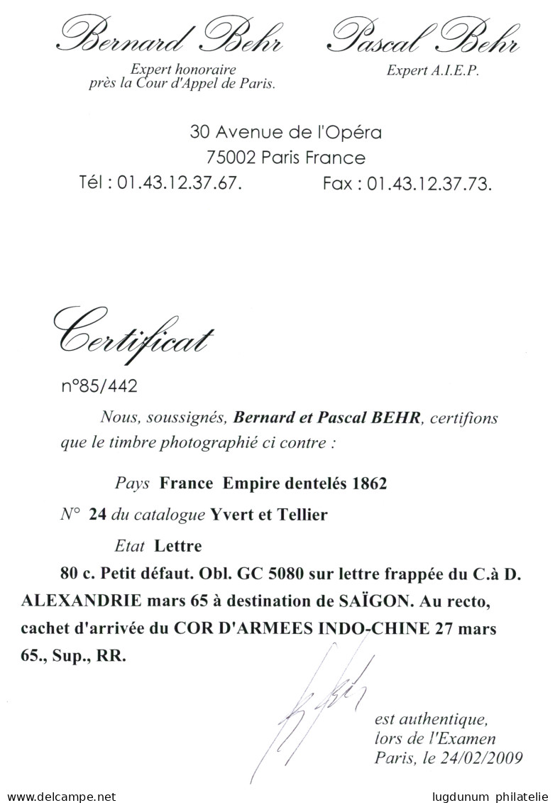 ALEXANDRIE Pour L' INDOCHINE Via Le Paquebot CAMBODGE : 1865 80c (n°24) Pd Obl. GC 5080 + ALEXANDRIE EGYPTE + CORR. D'AR - 1849-1876: Classic Period