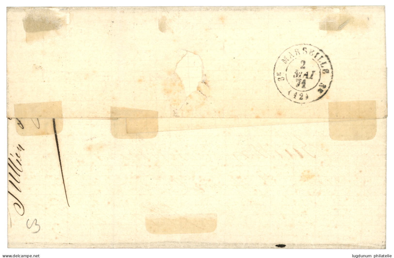ALEXANDRIE : 1871 40c BORDEAUX (n°48) Obl. GC 5080 + ALEXANDRIE EGYPTE Sur Lettre. Certificat ROUMET. TTB. - 1849-1876: Periodo Clásico