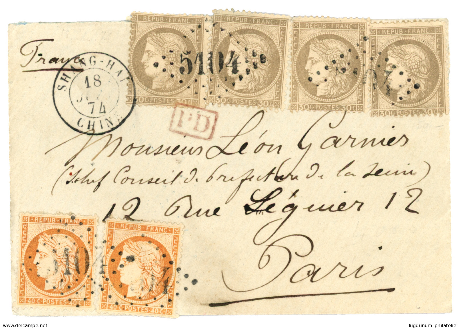 SHANGHAI : 1874 40c SIEGE (n°38)x2 + 30c CERES (n°56)x4 Obl. GC 5104 + SHANG-HAI CHINE Sur Enveloppe Pour PARIS. Affrt R - 1849-1876: Période Classique