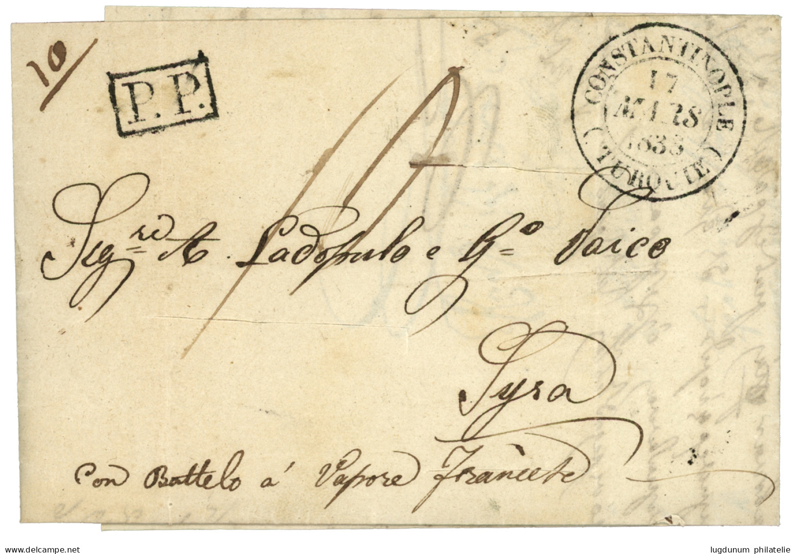 CONSTANTINOPLE : 1833 Grand Cachet CONSTANTINOPLE TURQUIE + P.P. Sur Lettre Avec Texte Pour SYRA (GRECE). TTB. - 1801-1848: Precursors XIX
