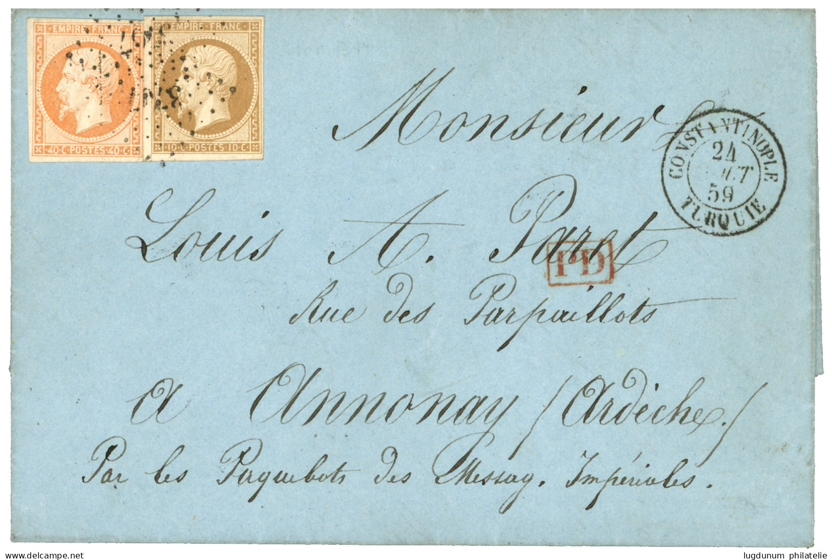 CONSTANTINOPLE : 1859 10c (n°13) + 40c (n°16) TTB MARGES Obl. PC 3707 + CONSTANTINOPLE TURQUIE Pour La FRANCE. Superbe. - 1849-1876: Période Classique