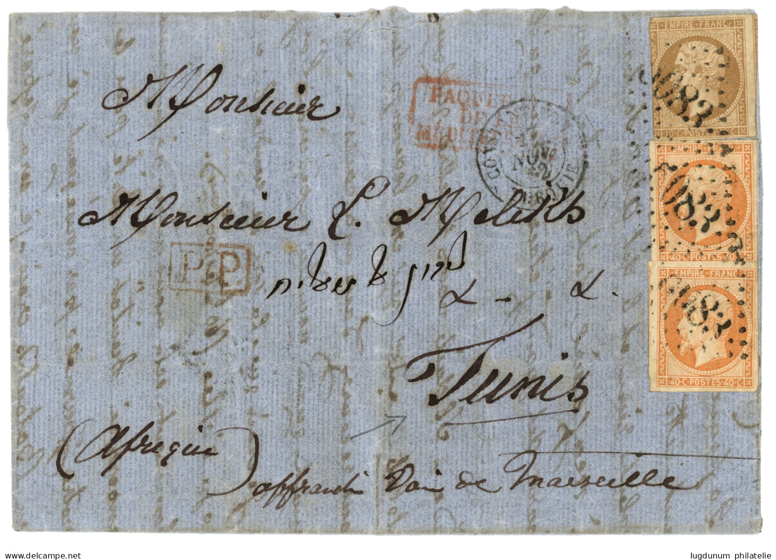 CONSTANTINOPLE Pour TUNIS : 1862 N°13(pd)+ Paire 40c(n°16) Obl. GC 5083 + CONSTANTINOPLE TURQUIE Sur Lettre Pour TUNIS.  - 1849-1876: Periodo Clásico