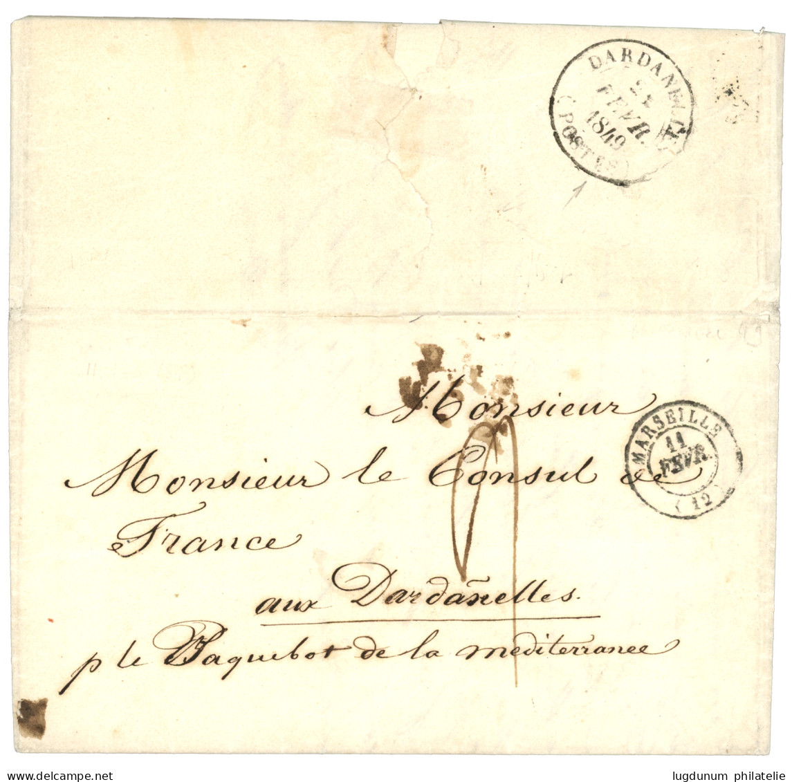 DARDANELLES : 1849 Taxe 9 + MARSEILLE Pour Le CONSUL De FRANCE Aux DARDANELLES. Verso, Grand Cachet DARDANELLES (POSTES) - 1849-1876: Classic Period