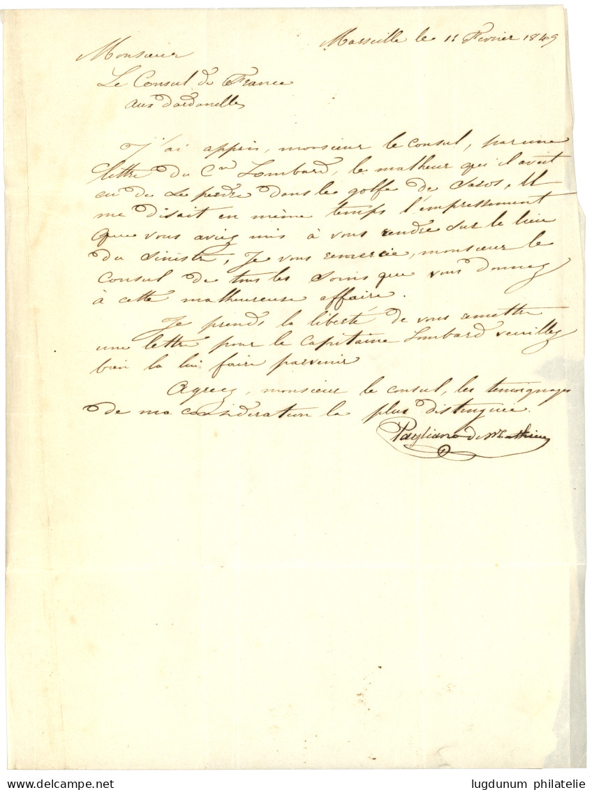 DARDANELLES : 1849 Taxe 9 + MARSEILLE Pour Le CONSUL De FRANCE Aux DARDANELLES. Verso, Grand Cachet DARDANELLES (POSTES) - 1849-1876: Classic Period