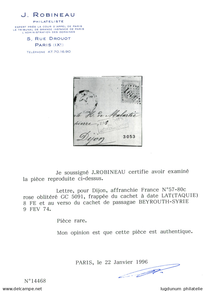 LATTAQUIE : 1874 80c CERES Obl. GC 5091 Sur Lettre De LATTAQUIE Pour La FRANCE. Certificat ROBINEAU. TB. - 1849-1876: Classic Period