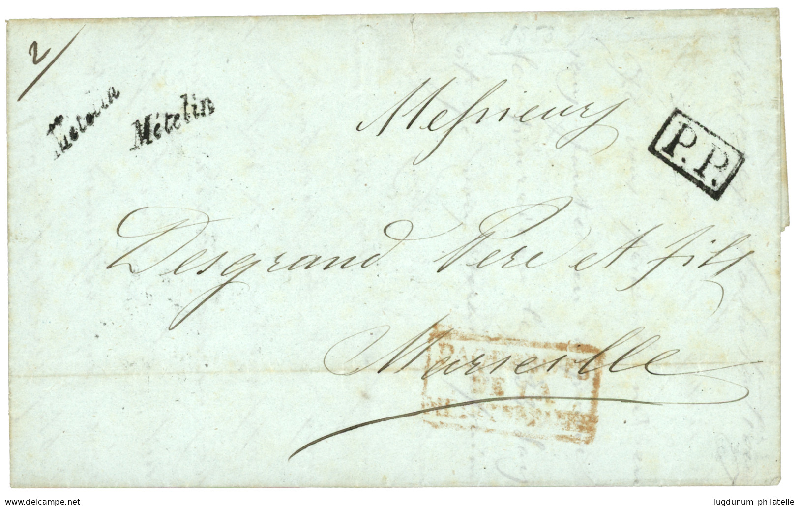 METELIN : 1853 Trés Rare Cursive METELIN + P.P. Sur Lettre Avec Texte De METELIN Pour La FRANCE. Pothion Indice 30 = 300 - 1849-1876: Classic Period