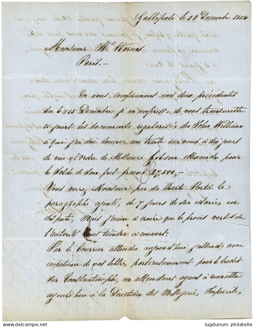 GALLIPOLI : 1854 Rare Cursive GALLIPOLI + Taxe 20 Sur Lettre (pd) Avec Texte Pour PARIS. Pothion Indice 30 = 3000€. TB. - 1849-1876: Classic Period