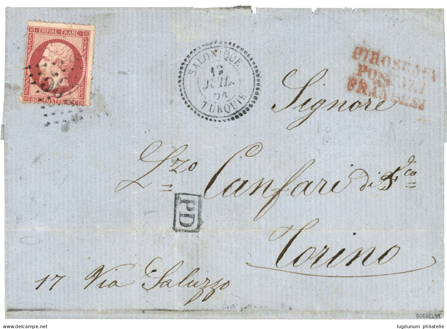 SALONIQUE : 1861 80c (n°24) Obl. GC 5095 + SALONIQUE TURQUIE Sur Lettre Pour L' ITALIE. TB. - 1849-1876: Période Classique