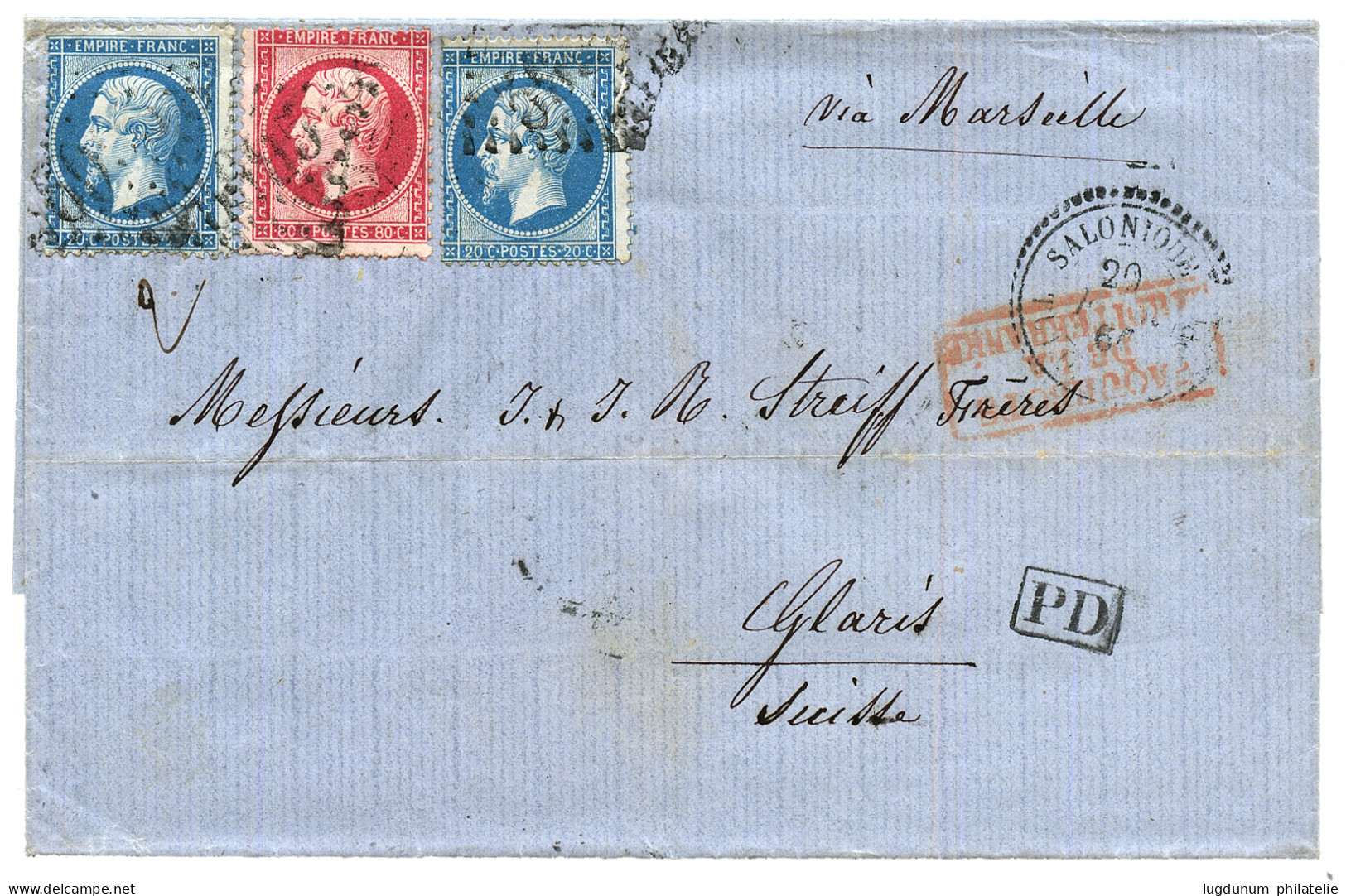 SALONIQUE : 1866 20c (n°22)x2 + 80c (n°24) Obl. GC 5095 + SALONIQUE Sur Lettre Pour GLARUS (SUISSE). Double Port à 1F20  - 1849-1876: Période Classique