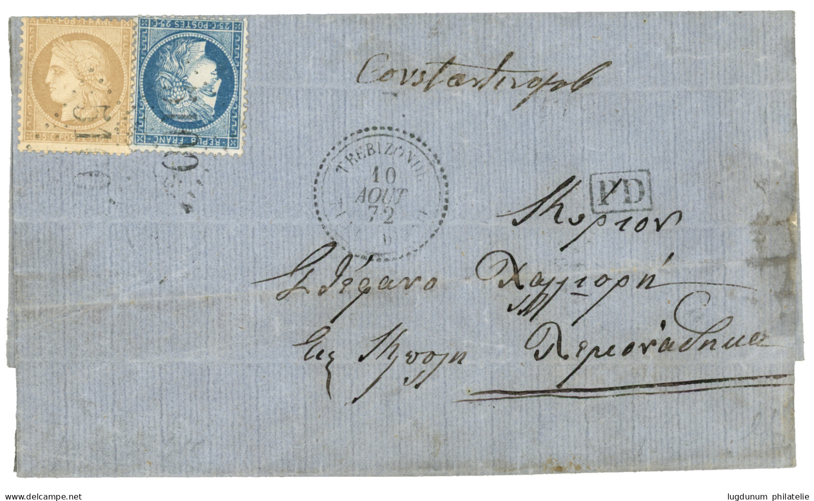 TREBIZONDE : 1872 CERES 15c + 25c Obl. GC 5100 + TREBIZONDE TURQUIE D' ASIE Sur Lettre Pour CONSTANTINOPLE. TB. - 1849-1876: Période Classique