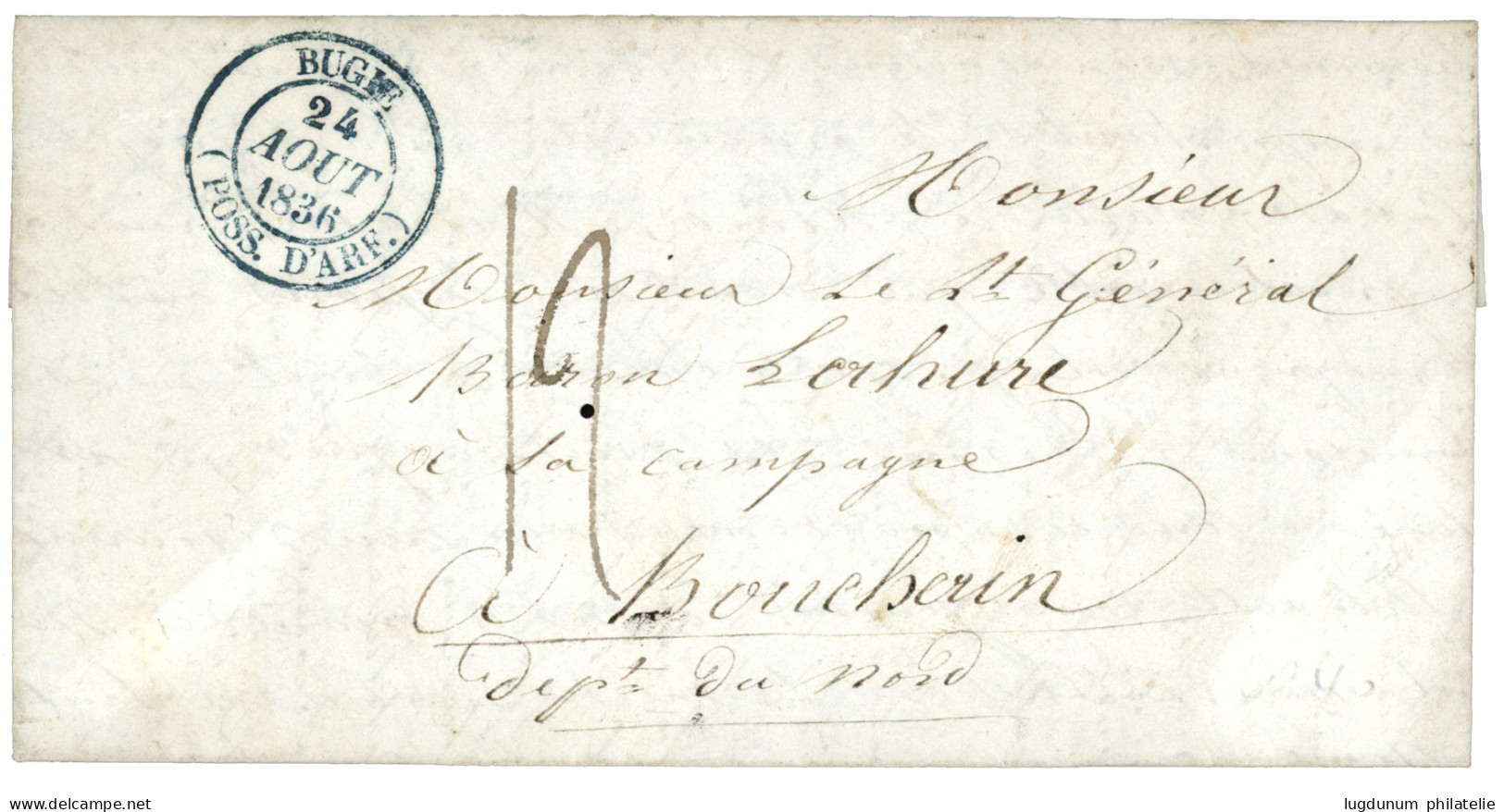 ALGERIE : 1836 BUGIE (POSS. D' AFR.) Bleu + Taxe 12 Sur Lettre Avec Texte Pour La FRANCE. RARE. Superbe. - Sonstige & Ohne Zuordnung