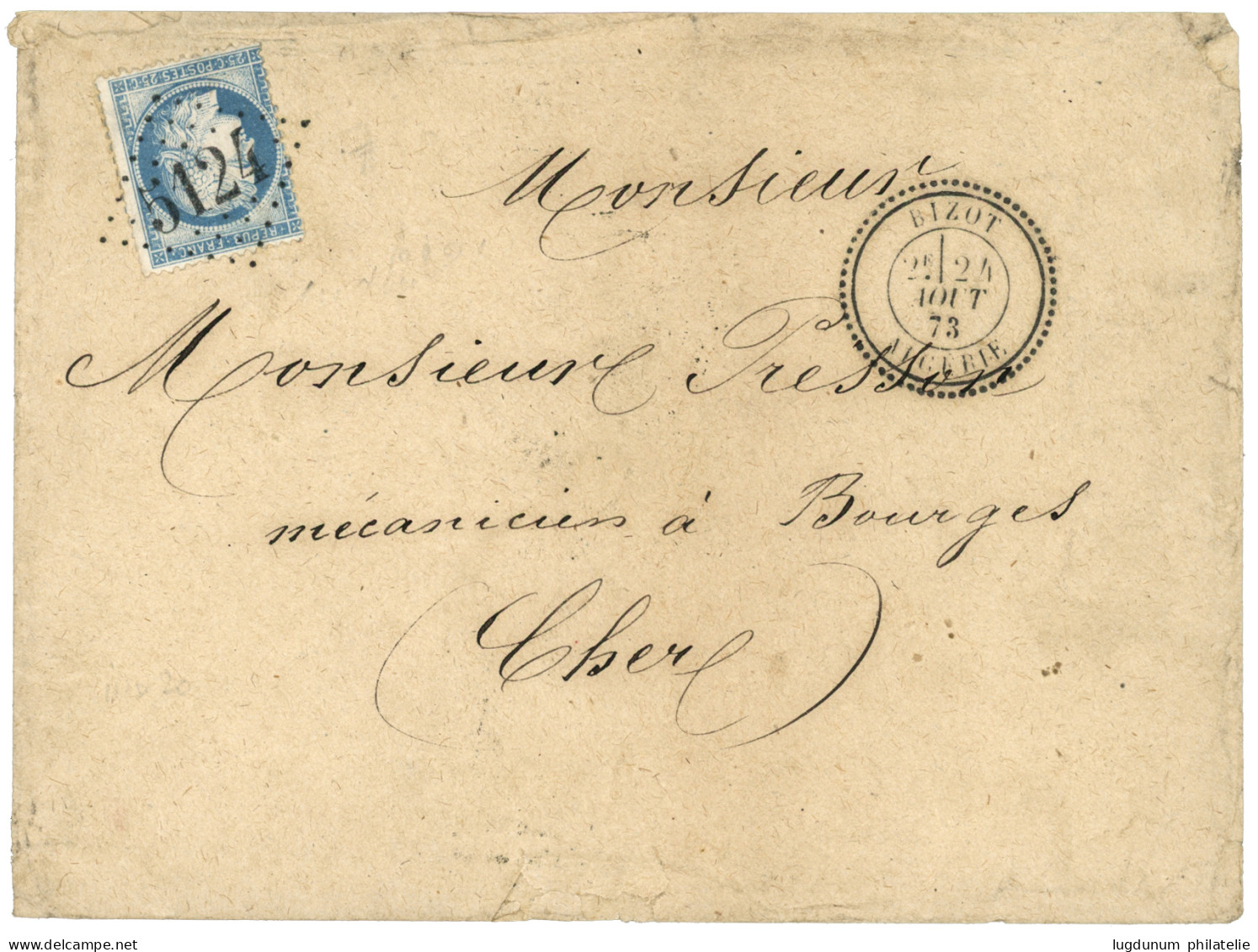 ALGERIE - BIZOT : 1873 25c (n°60) Obl. GC 5124 + T.24 BIZOT ALGERIE Sur Lettre Pour La FRANCE. TTB. - Autres & Non Classés