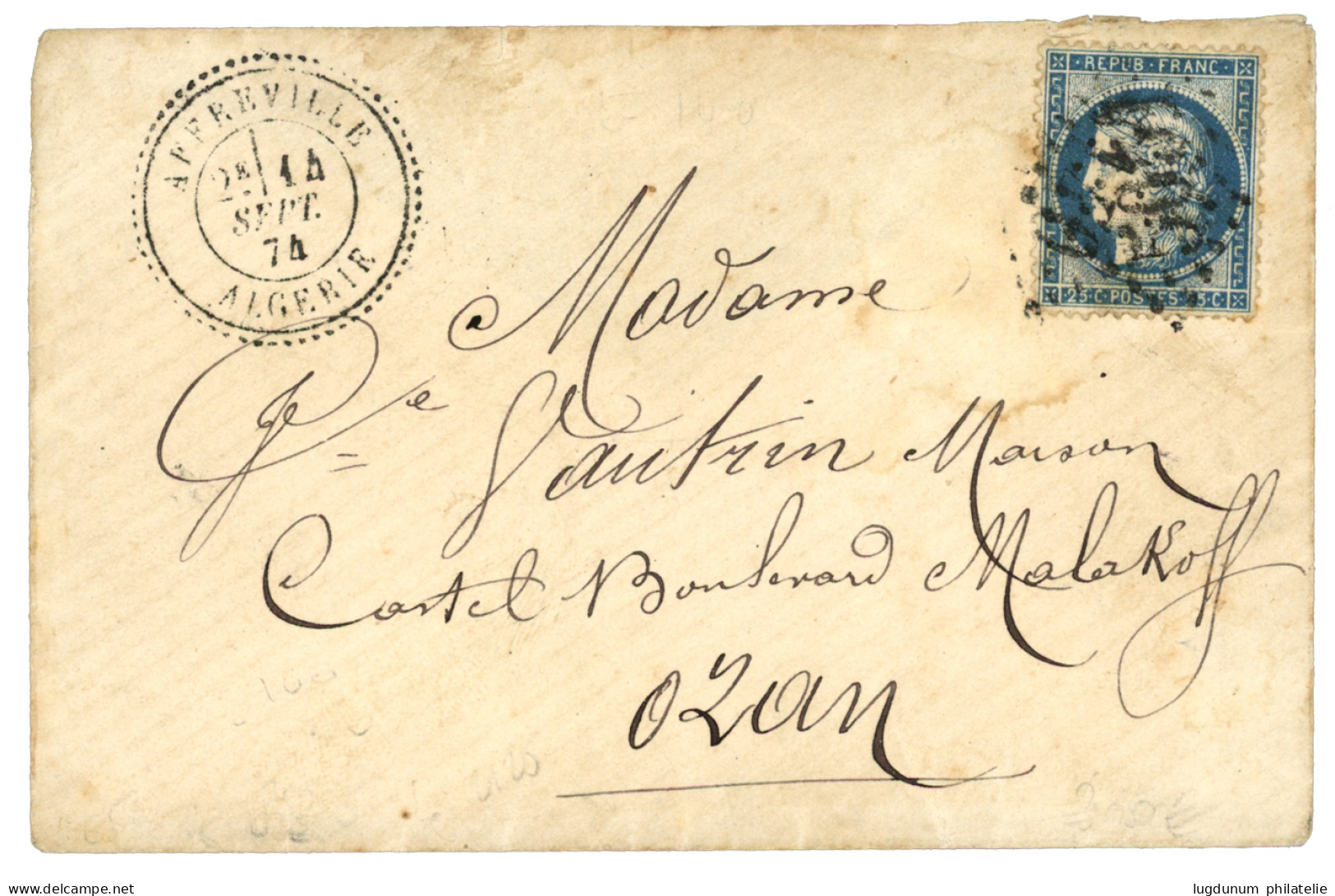 ALGERIE : 1874 25c (n°60) Obl. GC 5140 + AFFREVILLE ALGERIE Sur Enveloppe Pour ORAN. Cote 1100€. TB. - Otros & Sin Clasificación