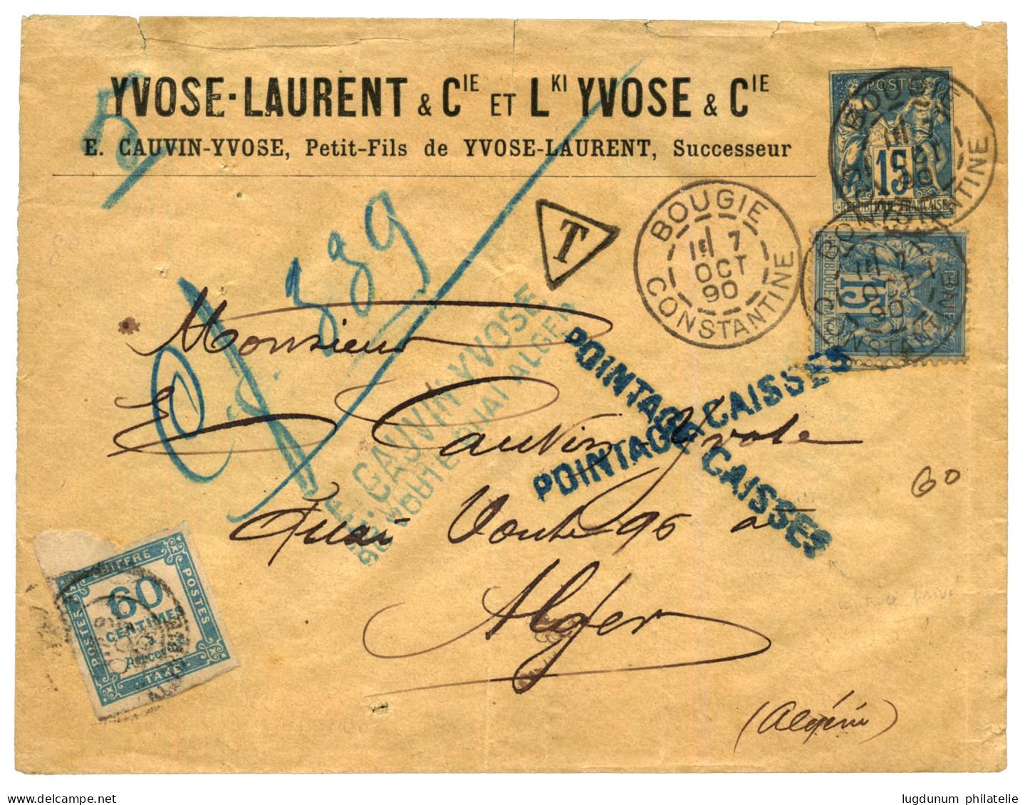 ALGERIE : 1890 Entier 15c SAGE + 15c Sage Obl. BOUGIE ALGERIE Sur Enveloppe Pour ALGER Taxée à L' Arrivée Avec Un 60c TA - Other & Unclassified