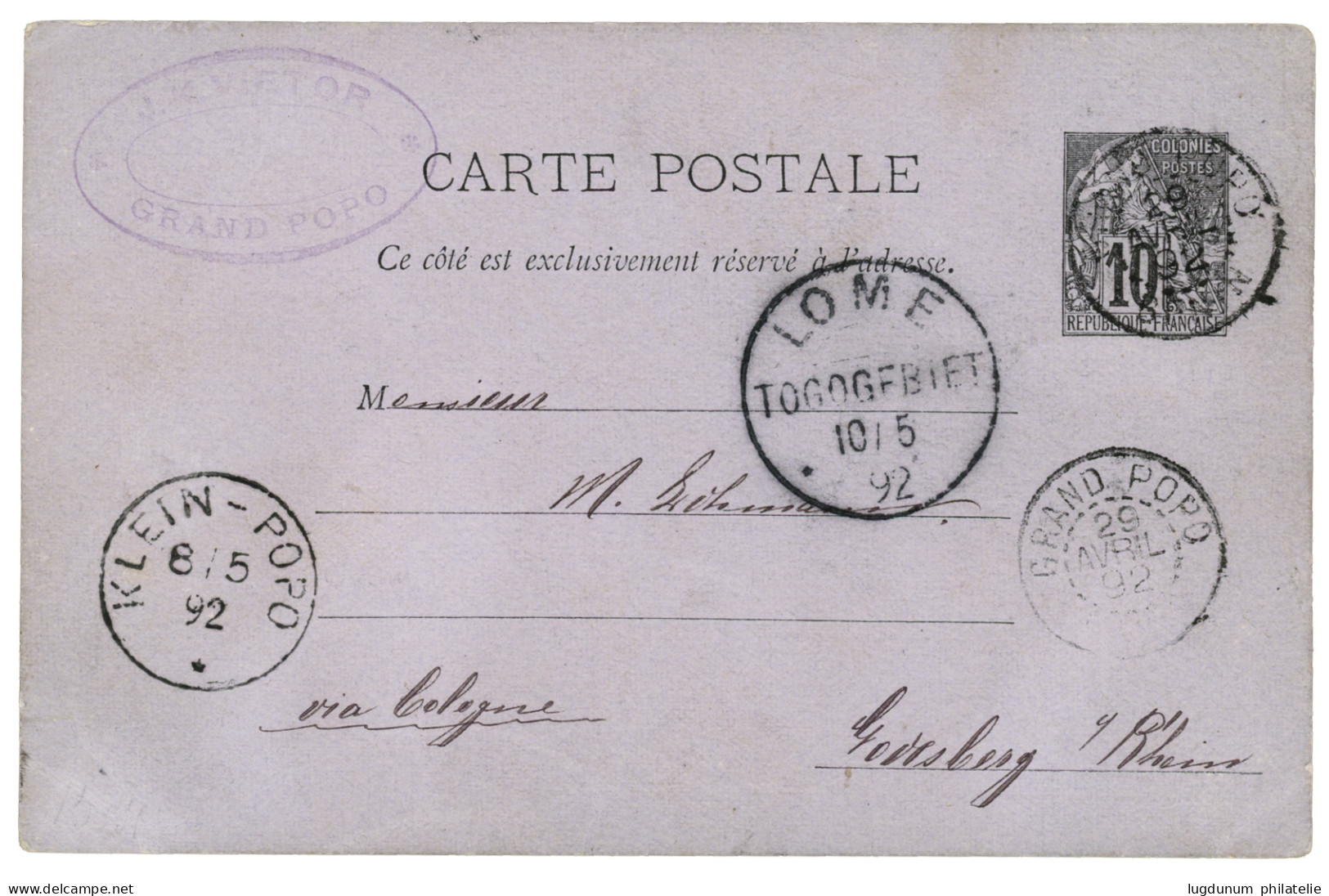 BENIN : 1892 Entier CG 10c Obl. GRAND-POPO + KLEIN-POPO + LOME TOGOGEBIET Pour L' ALLEMAGNE. TTB. - Autres & Non Classés
