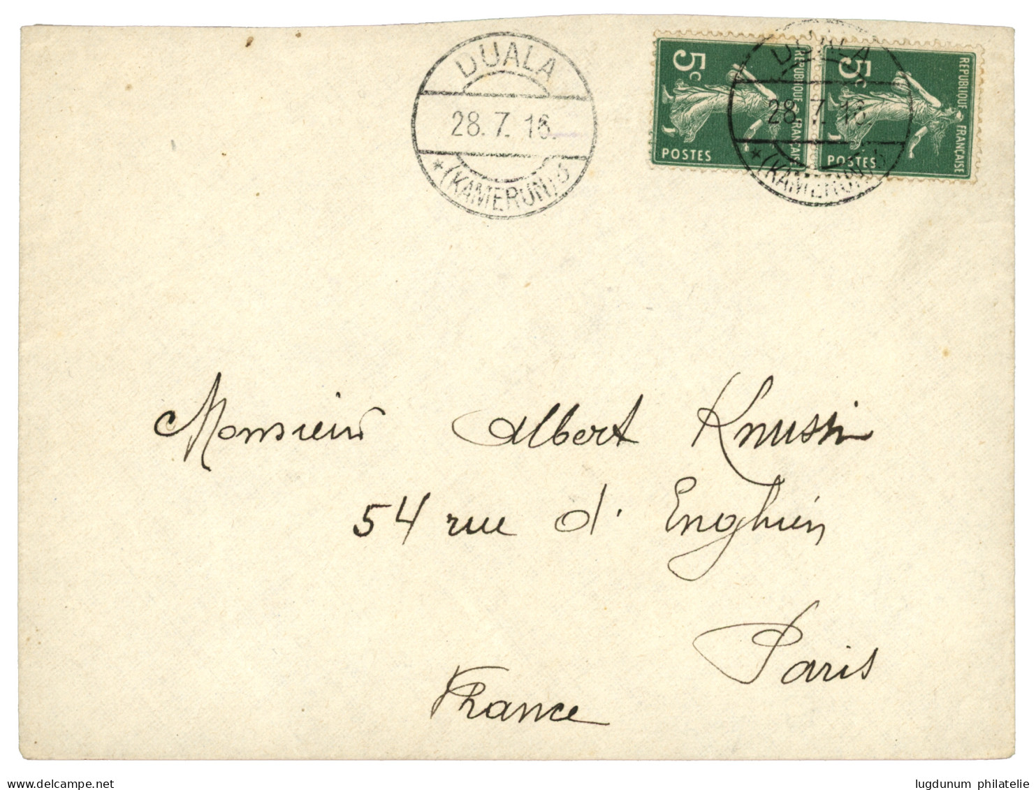 "Utilisation De Timbres De FRANCE Au CAMEROUN" : 1916 Paire 5c Semeuse Obl. Cachet Allemand DUALA KAMERUN Sur Enveloppe  - Other & Unclassified