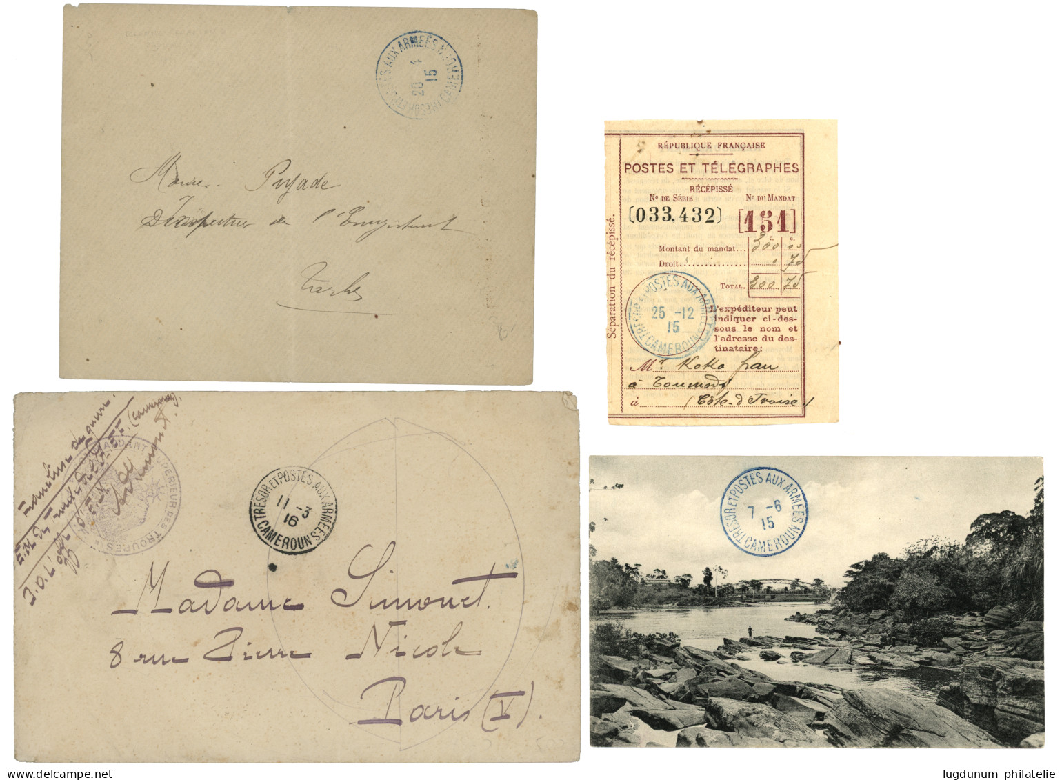 1915 Lot De 3 Lettres + RECEPISSE De MANDAT Obl. TRESOR Et POSTE AUX ARMEES CAMEROUN. TTB. - Other & Unclassified