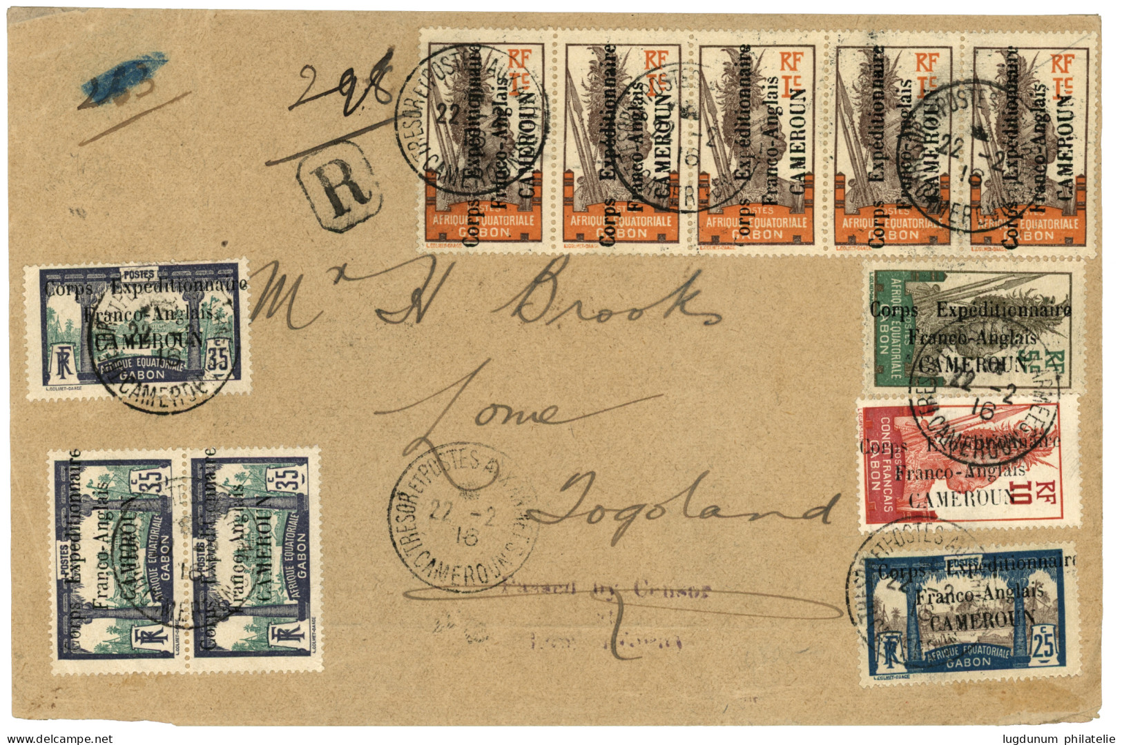 1916 1c (n°38)x5 + 5c (n°41)+ 10c (n°42)+ 25c (n°44) + 35c (n°46)x3 Obl. TRESOR Et POSTE AUX ARMEES CAMEROUN + PASSED BY - Autres & Non Classés