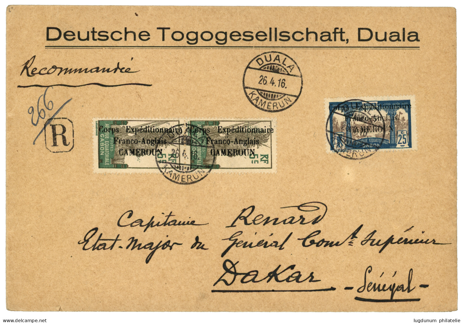 1916 Paire 5c (n°41) + 25c (n°44) Obl. DUALA KAMERUN Sur Lettre RECOMMANDEE Pour DAKAR. TTB. - Autres & Non Classés