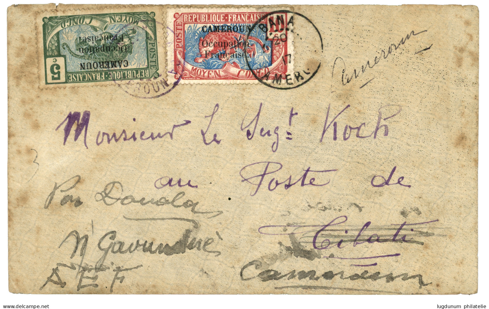 BANA : 1917 5c + 10c Obl. BANA CAMEROUN Sur Lettre (qqles Tâches) Pour CIBATI CAMEROUN. RARE. TB. - Sonstige & Ohne Zuordnung