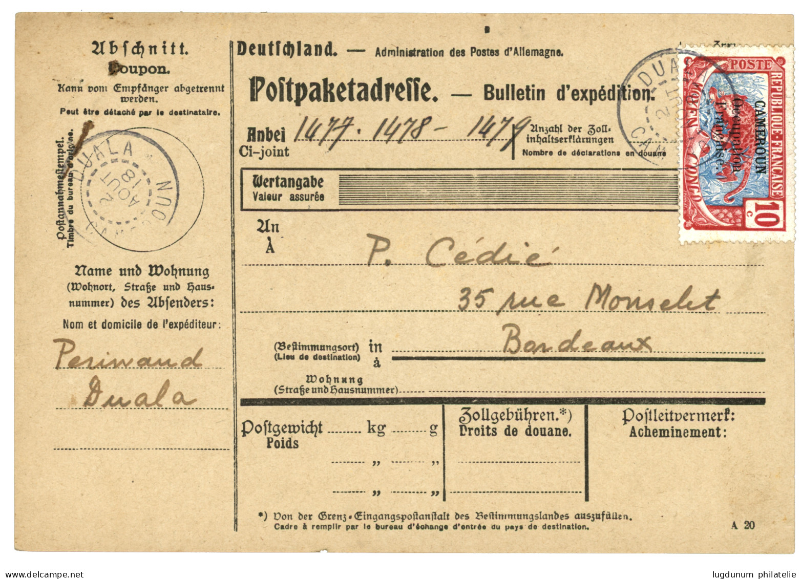 1918 10c Obl. DUALA Sur BULLETIN D' EXPEDITION Pour La FRANCE. RARE. TTB. - Autres & Non Classés