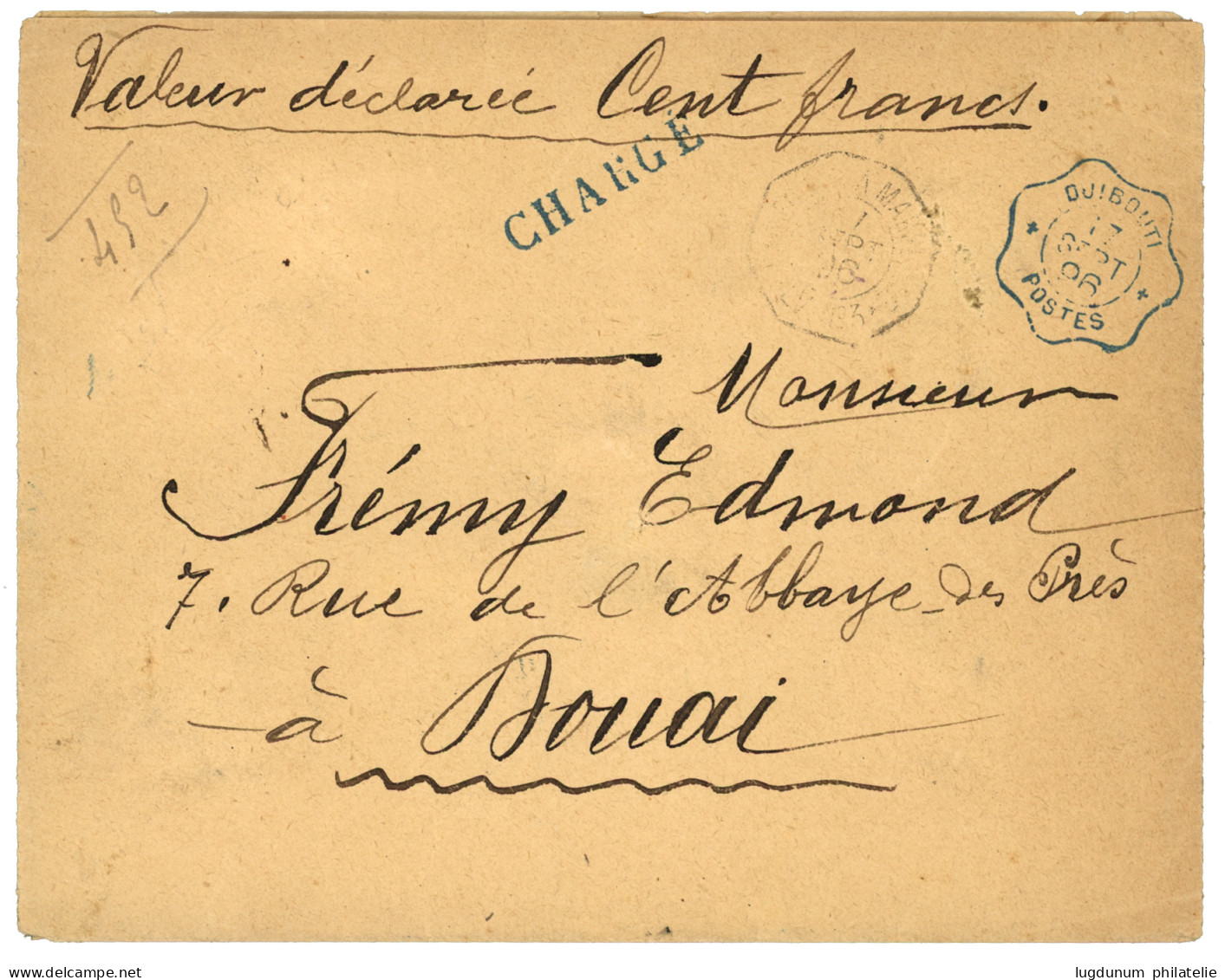 COTE DES SOMALIS : 1896 1F (pd) Obl. DJIBOUTI Au Verso D'une Lettre CHARGEE Pour La FRANCE. TB. - Otros & Sin Clasificación