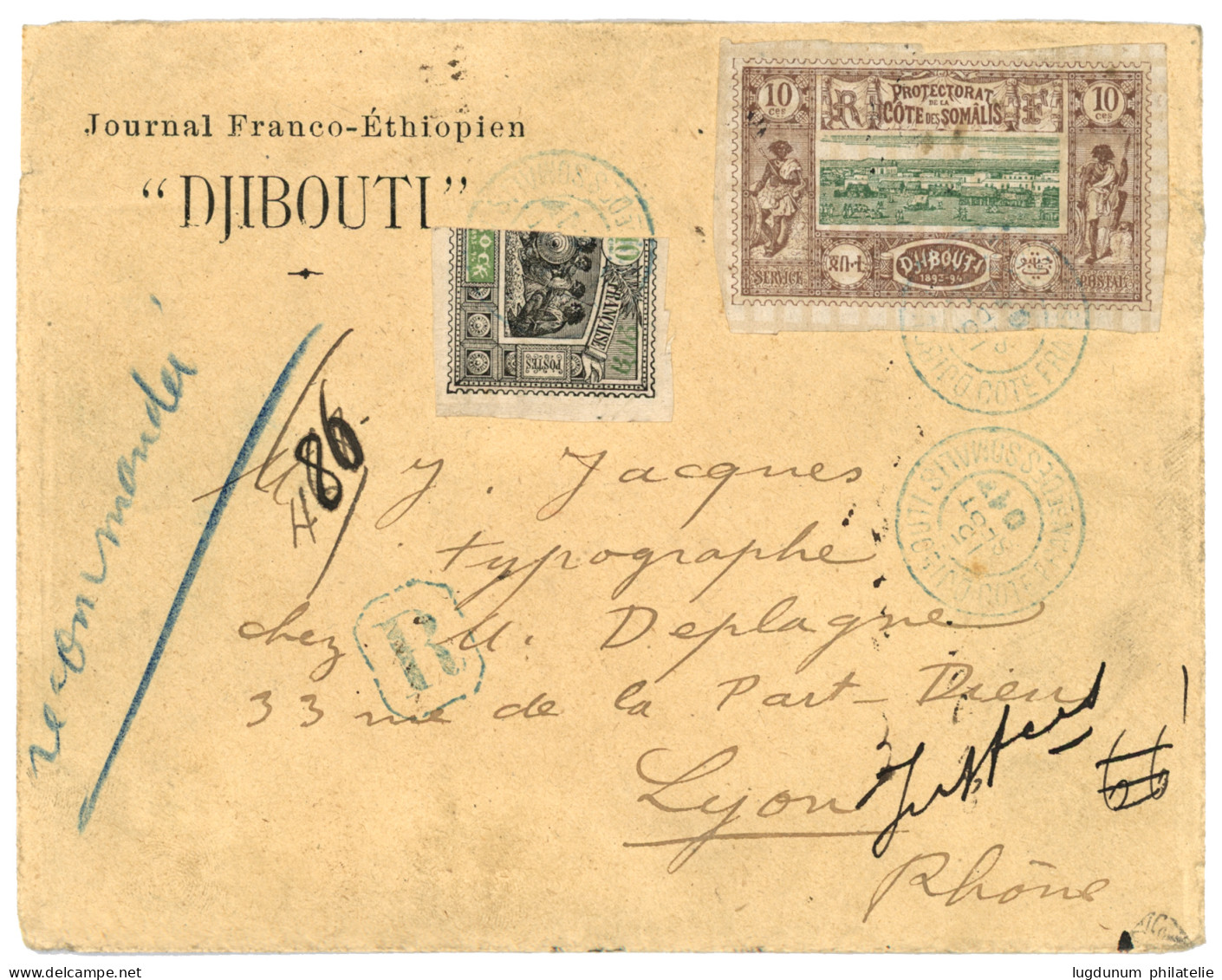 COTE DES SOMALIS : 1901 10c + OBOCK Coupé Du 10c Obl. DJIBOUTI Sur Lettre RECOM. Pour LYON. TB. - Other & Unclassified