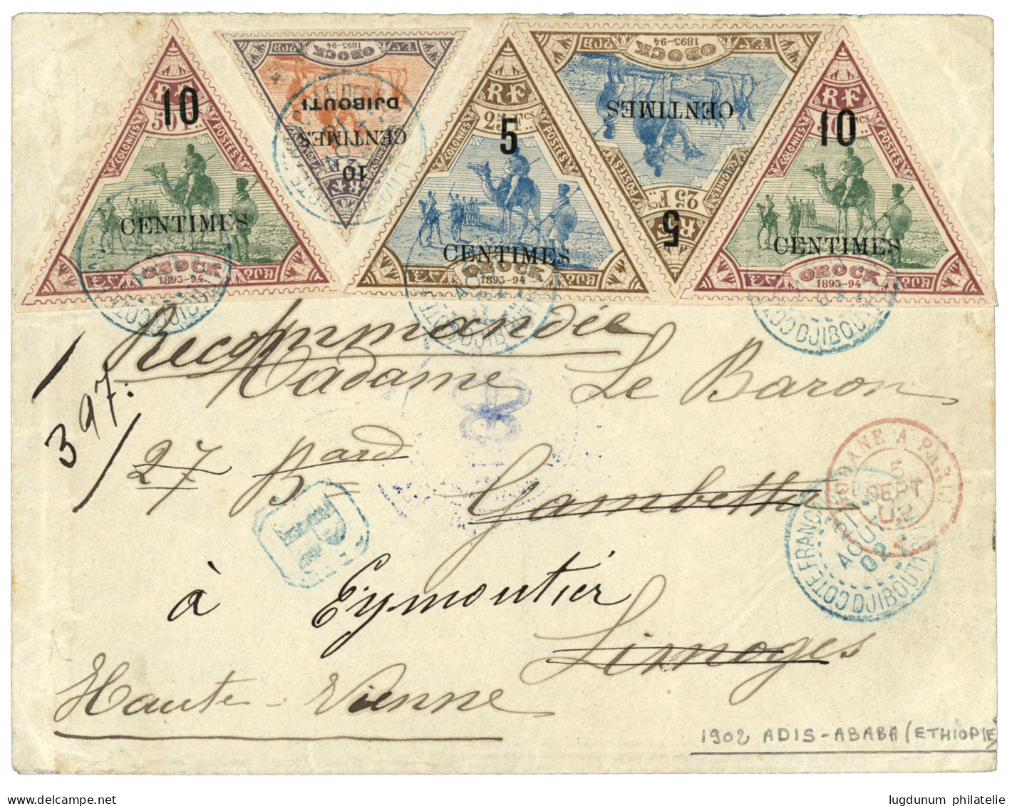 ETHIOPIE Via DJIBOUTI : 1902 Superbe Affranchissement Composé Obl.  DJIBOUTI Sur Lettre RECOMMANDEE En Provenance D' ADI - Sonstige & Ohne Zuordnung