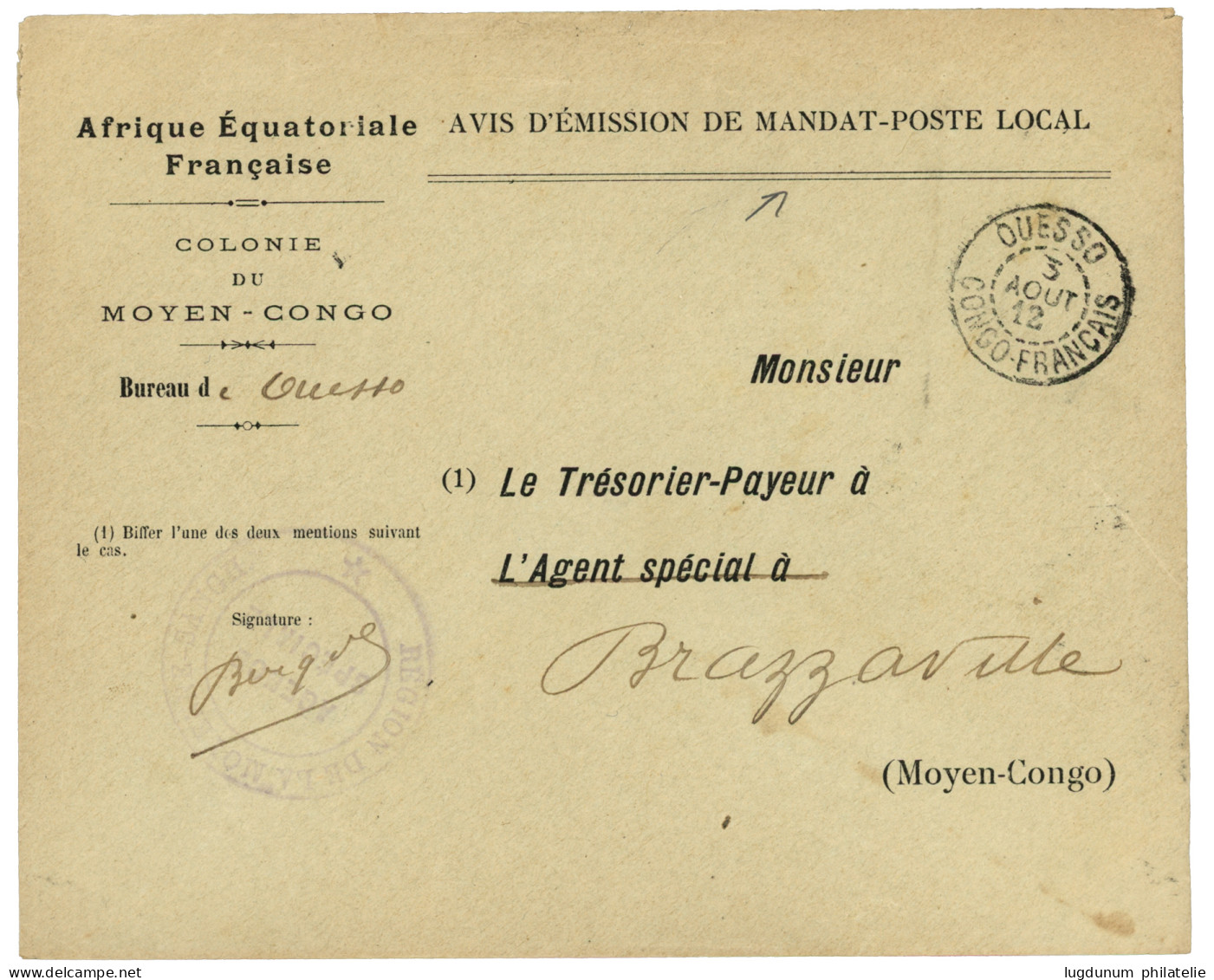 CONGO - MANDAT POSTE - OUESSO : 1912 OUESSO CONGO FRANCAIS Sur Enveloppe "AVIS D'EMISSION De MANDAT-POSTE LOCAL" Pour BR - Sonstige & Ohne Zuordnung