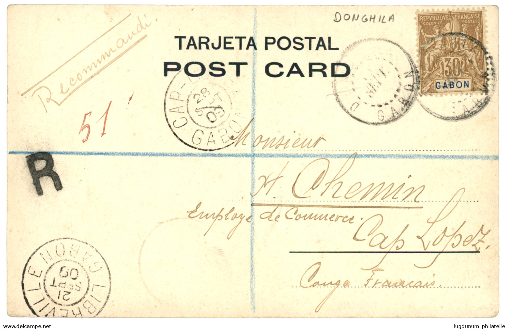 GABON : 1903 30c Obl. Sur Carte Postale RECOMMANDEE De CHINCHOUA Par DONGHILA Pour CAP LOPEZ. RARE. TTB. - Otros & Sin Clasificación