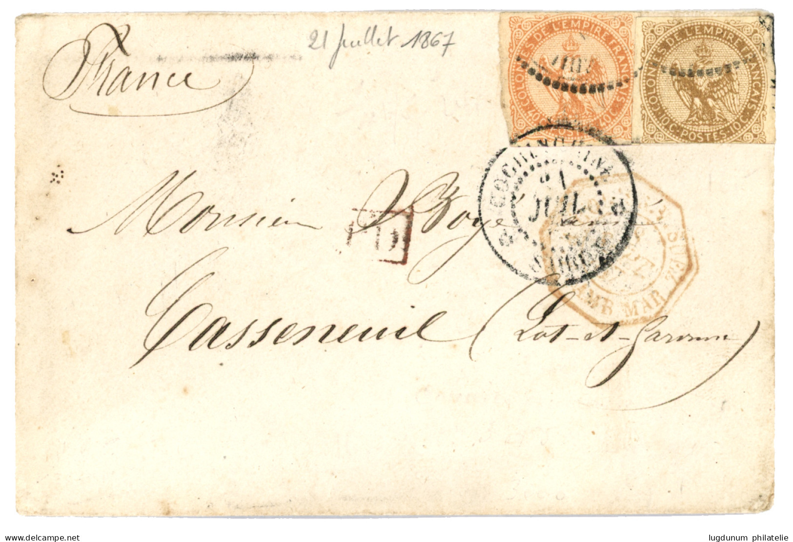 1867 AIGLE 10c (pd) + 40c Obl. Cachet à Date COCHINCHINE SAIGON (rare Sur Timbres) Sur Lettre Pour La FRANCE. TTB. - Autres & Non Classés