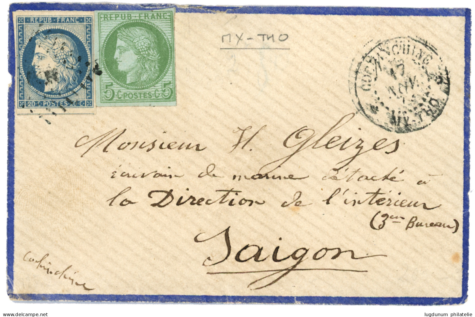 MYTHO : 1874 CG 5c + 20c Obl. CCH + COCHINCHINE MY-THO Sur Lettre Pour SAIGON. Courrier Civil Rare. TB. - Other & Unclassified